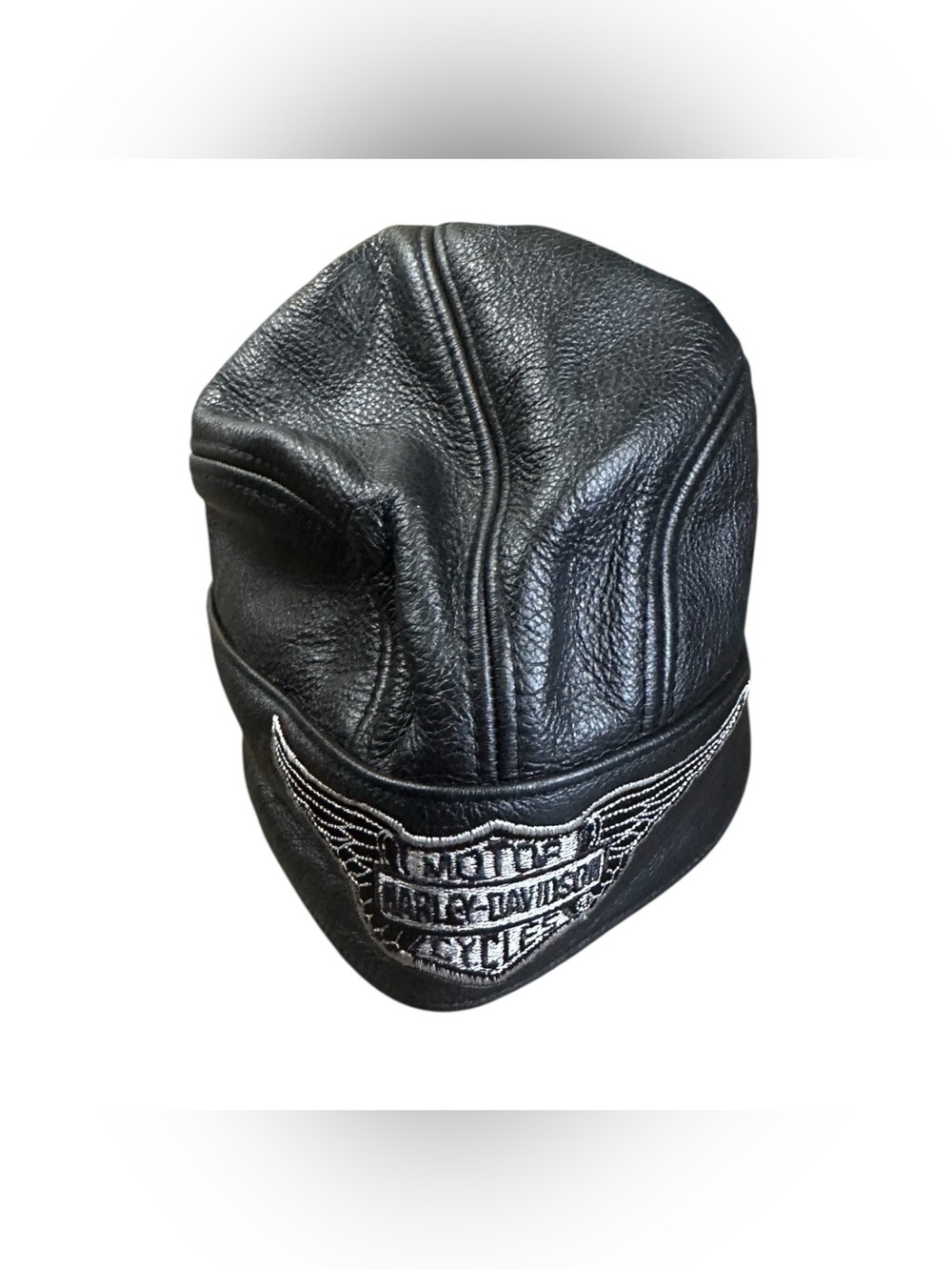 Harley-Davidson Black Leather Headwrap Skull Cap Biker Motorcycle Riding Hat
